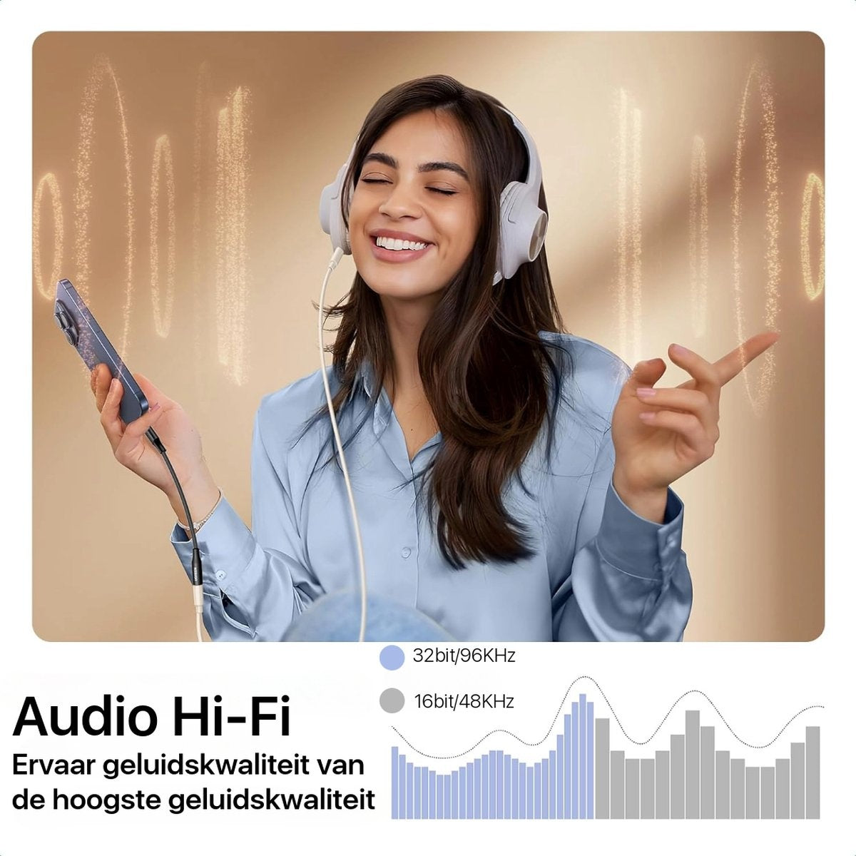 A woman wearing headphones listens to music. She holds a phone, smiling and gesturing. Text: Audio Hi-Fi, with audio quality details.
