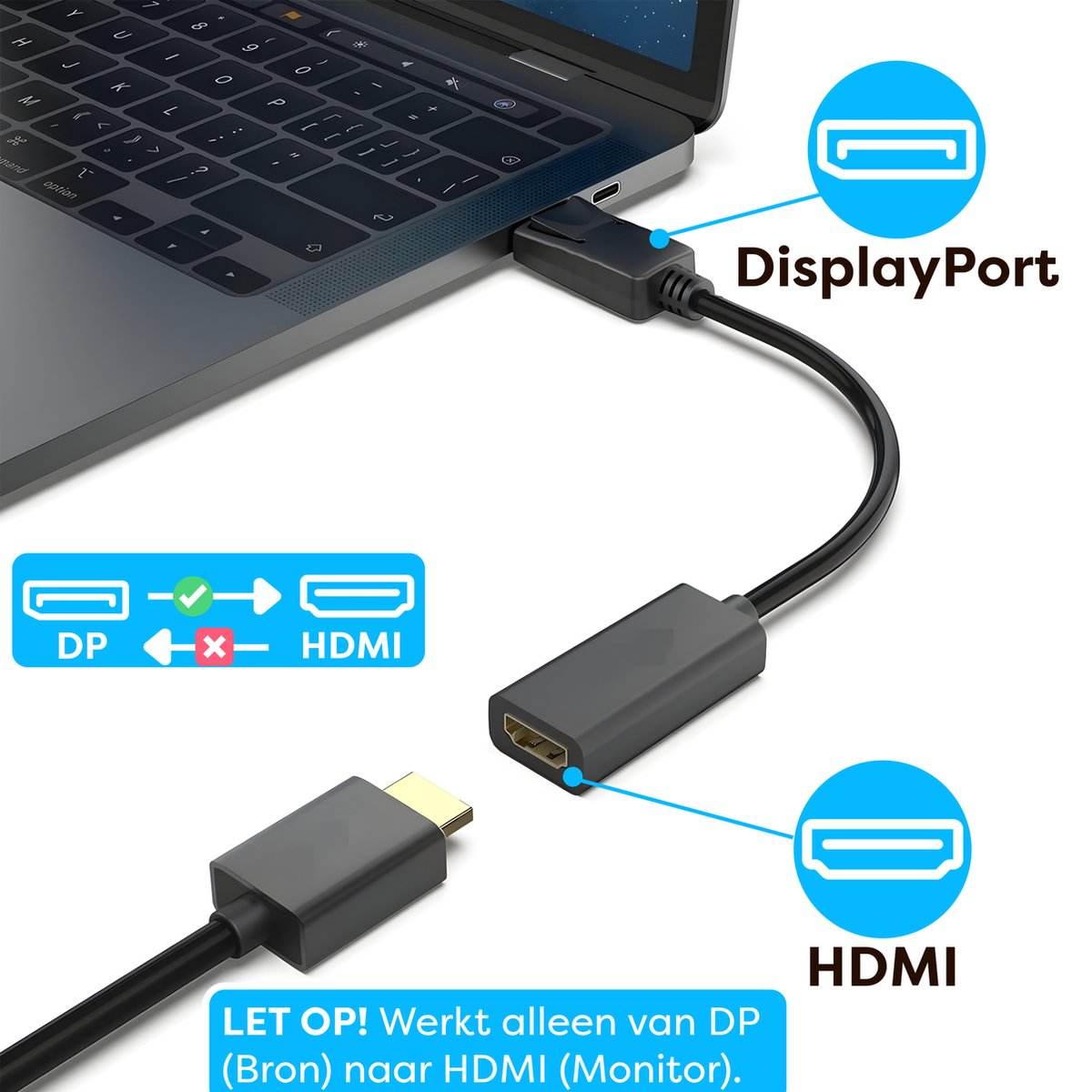Laptop aangesloten op een HDMI-monitor via een DisplayPort-adapter. Diagram toont de verbindingsrichting. Tekst geeft DP naar HDMI aan.