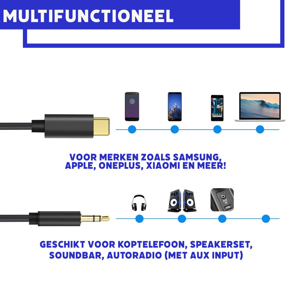Afbeelding toont technische apparaten met kabels. Tekst geeft compatibiliteit aan met merken als Samsung en toepassingen zoals koptelefoons en soundbars.
