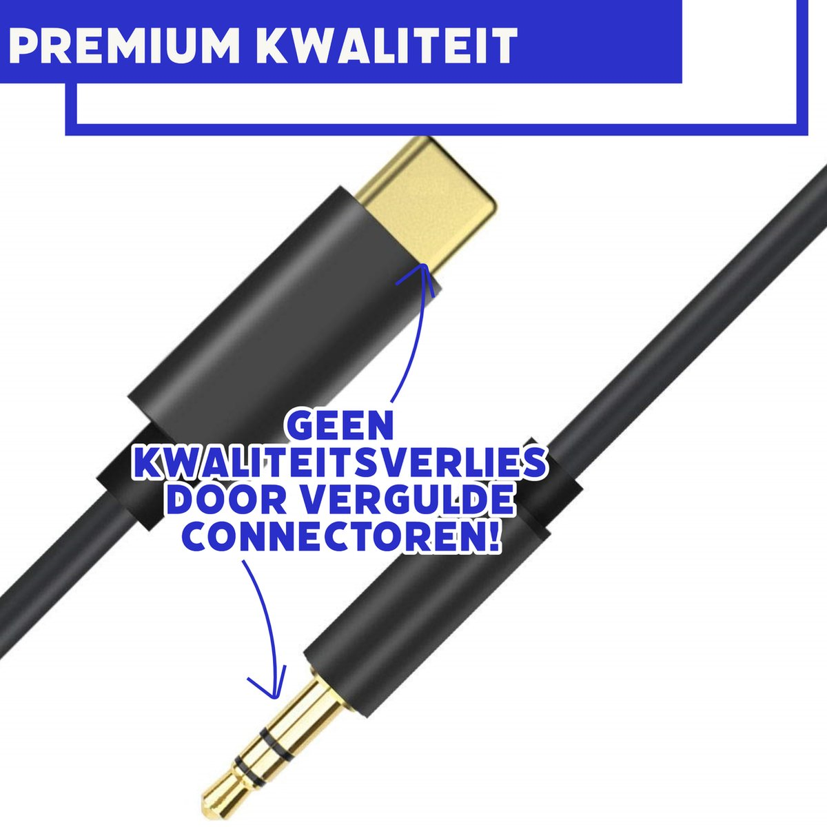 Afbeelding toont een zwarte kabel met twee connectoren. Tekst: PREMIUM KWALITEIT. GEEN KWALITEITSVERLIES DOOR VERGULDE CONNECTOREN!