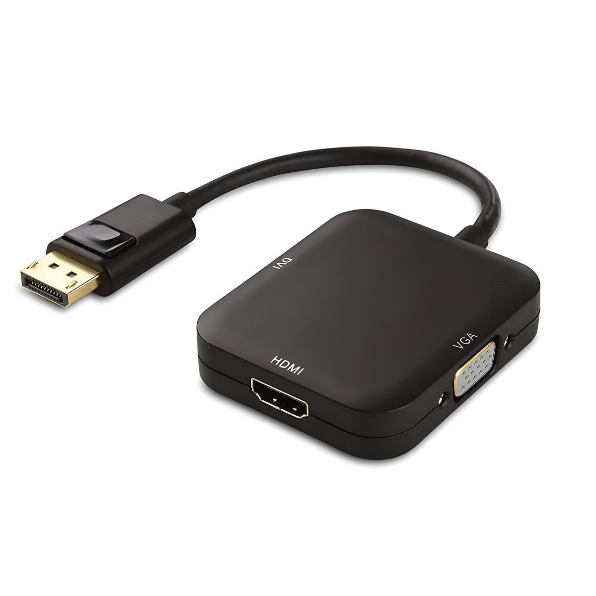 A black video adapter with multiple ports: DisplayPort, HDMI, DVI, and VGA. It has a cable connecting DisplayPort connector to the main unit.