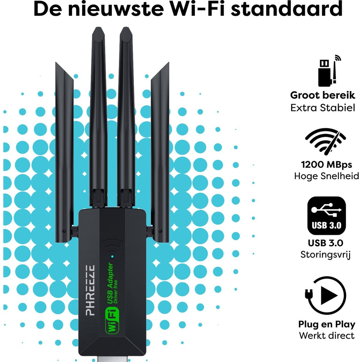 Zwarte Wi-Fi-adapter met antennes, met functies als USB 3.0 en 1200 Mbps snelheid, op een blauwe stippenachtergrond.