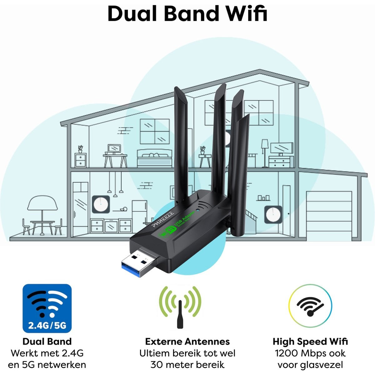 Een zwarte dual-band wifi-adapter met externe antennes. Een huisillustratie op de achtergrond met pictogrammen voor dual-band, antennes en snelle wifi.