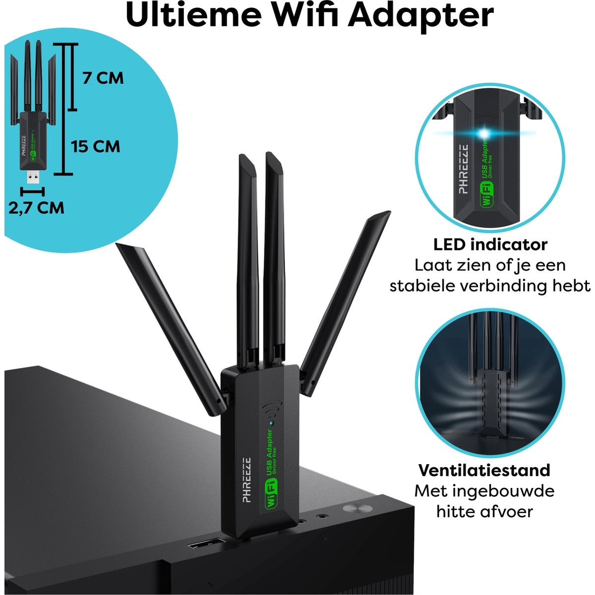 Een zwarte wifi-adapter met antennes is aangesloten op een computer. De afbeelding toont details en afmetingen van de adapter.