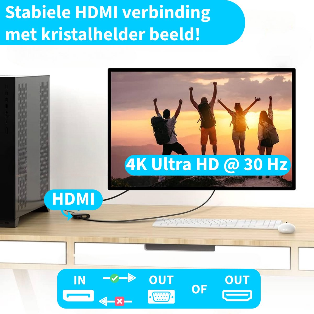 An HDMI cable connects a computer to a monitor displaying a 4K image of people with raised arms. Text promotes stable HDMI connection.