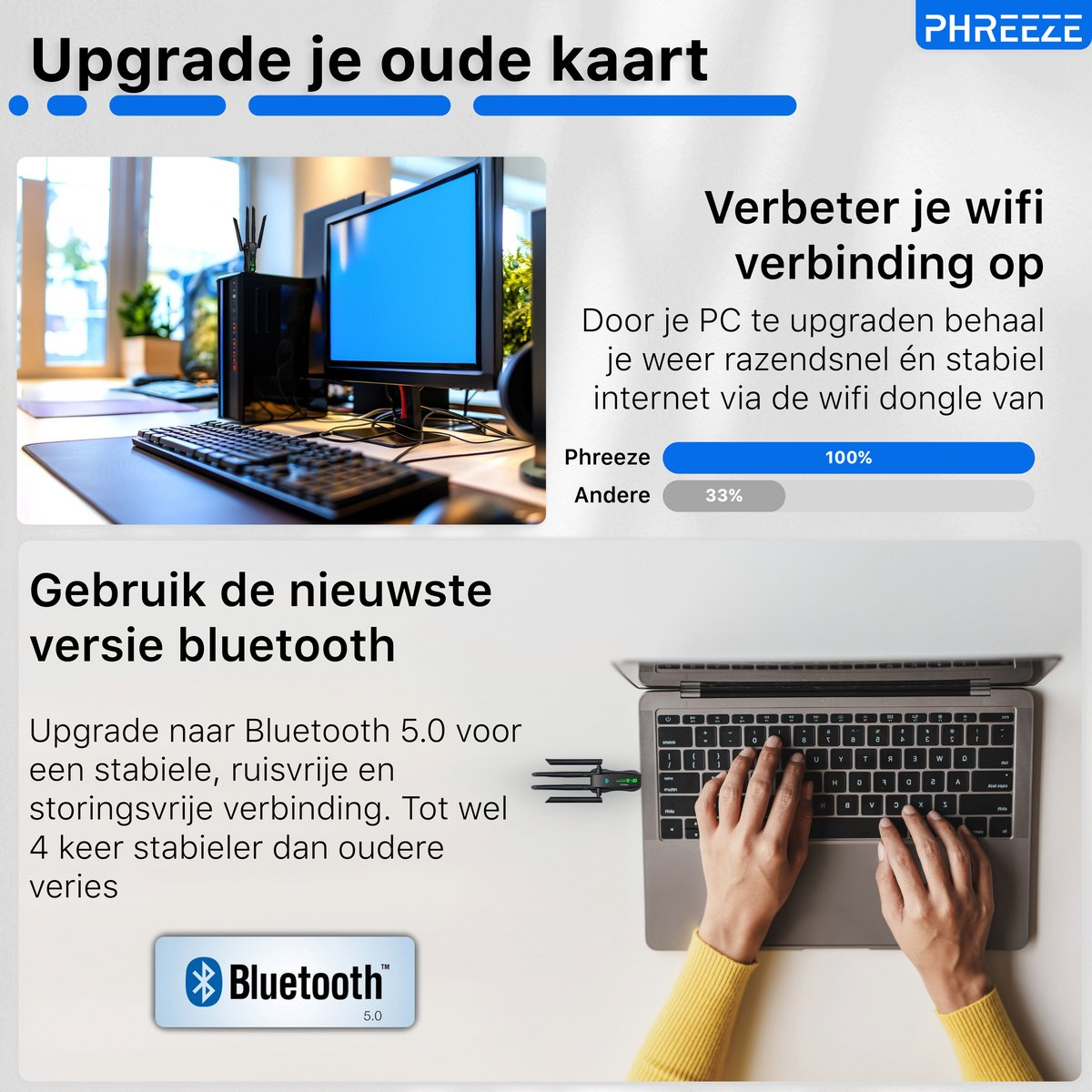 Image with text about upgrading old cards, improving WiFi, and Bluetooth 5.0. Shows a computer, keyboard, and laptop with hands.