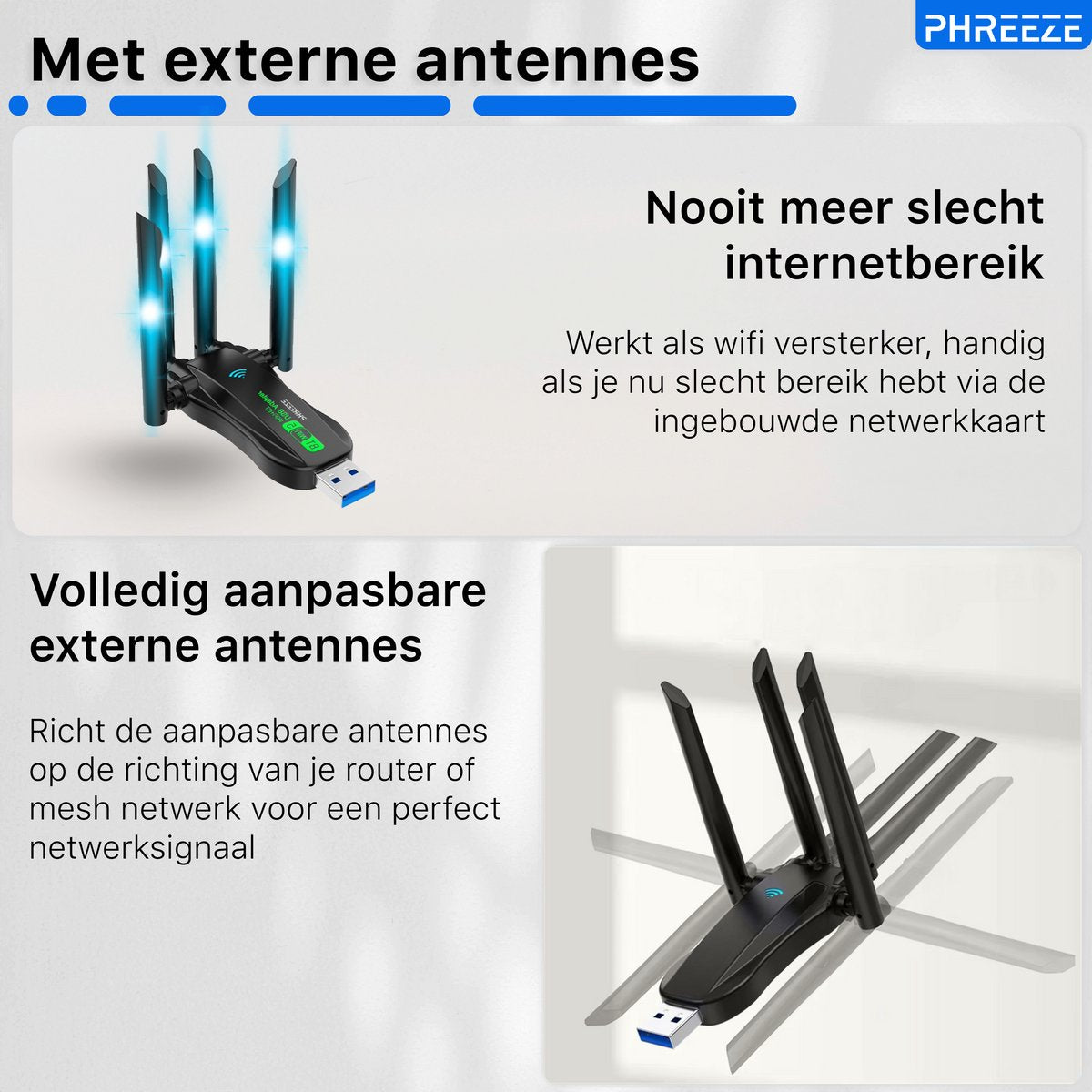 A black and green USB wifi adapter with external antennas, promoting better internet range. Texts in Dutch.