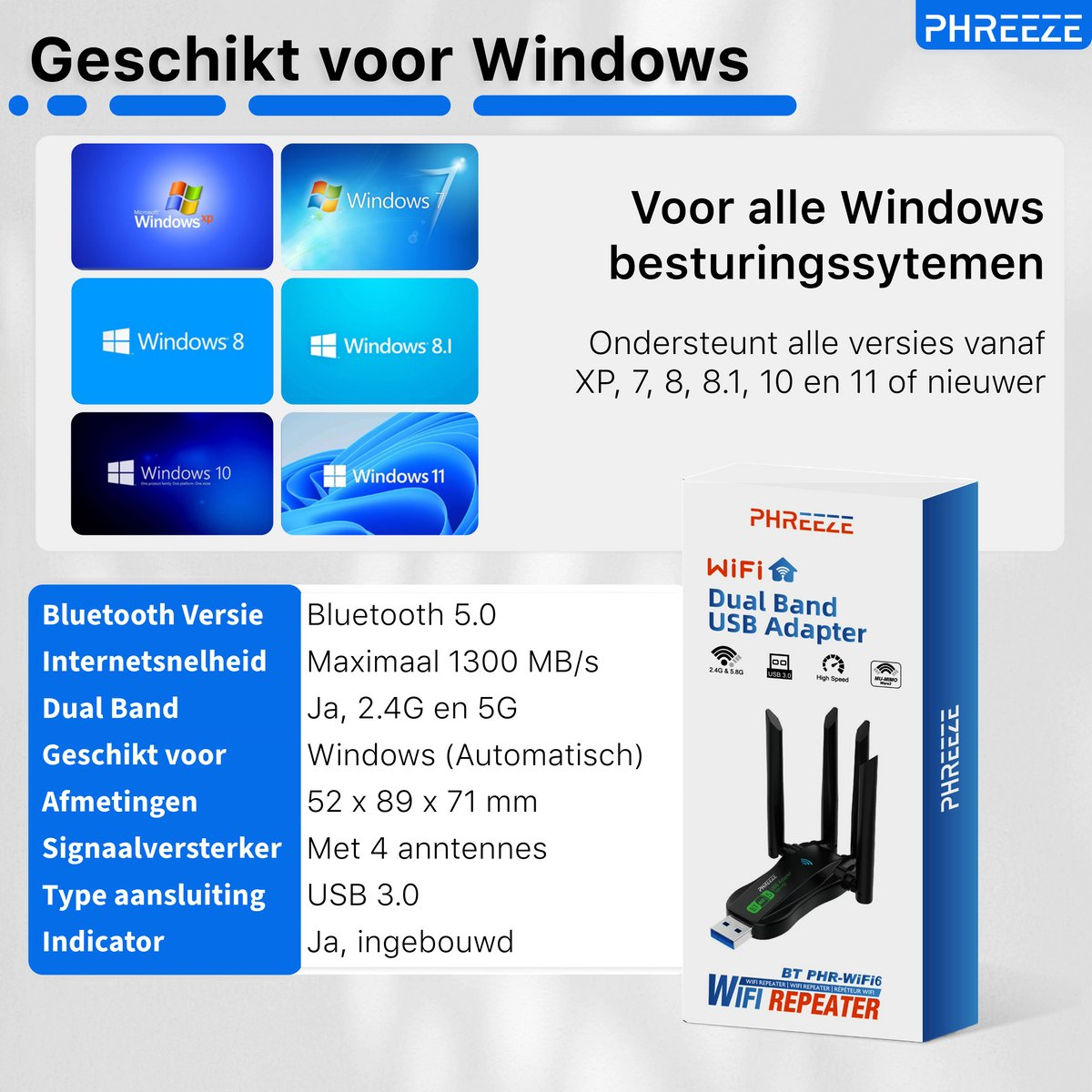 A white box shows a Wi-Fi dual band USB adapter. Text describes compatibility with Windows versions and technical specifications.