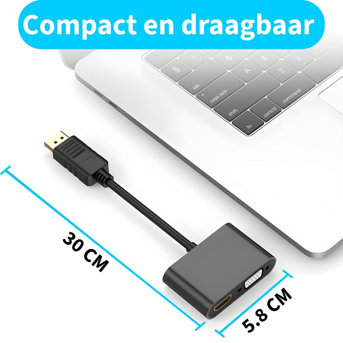 Black adapter cable with a gold-colored USB end and a gray rectangular connector on a white laptop background.