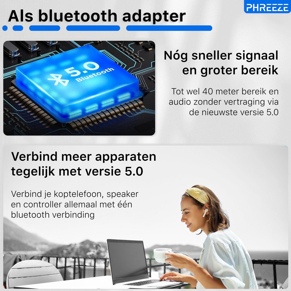 Image shows Bluetooth 5.0 adapter, woman with earbuds using laptop, text about faster signal and connecting devices.