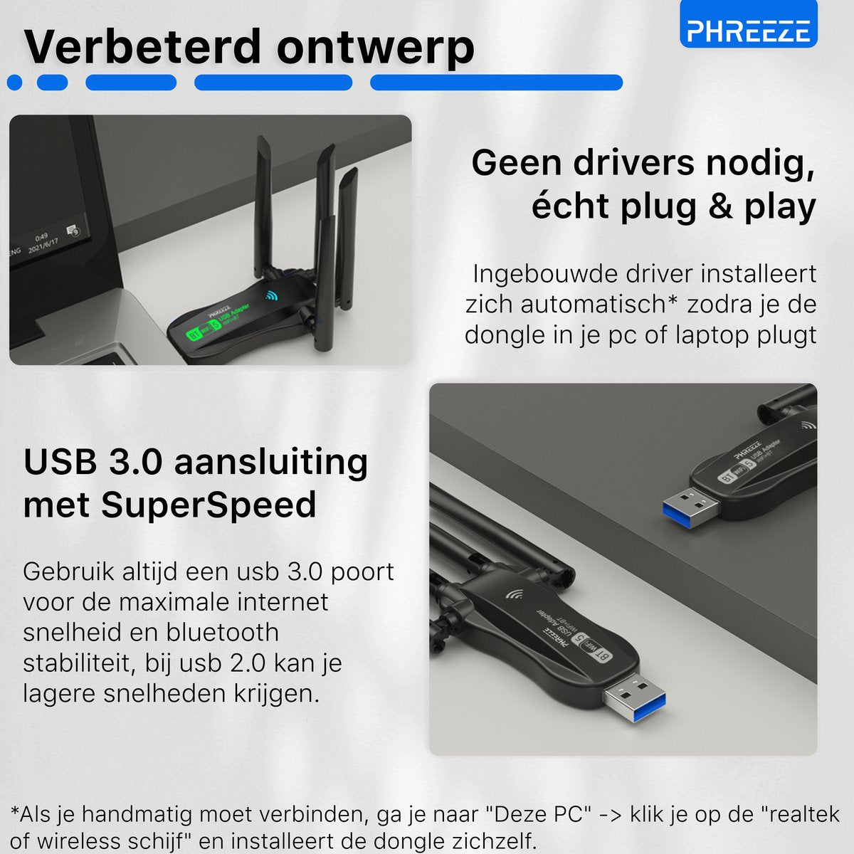 Image shows a USB adapter with antennas, text describing its features and advantages, and the brand name 'PHREEZE'.