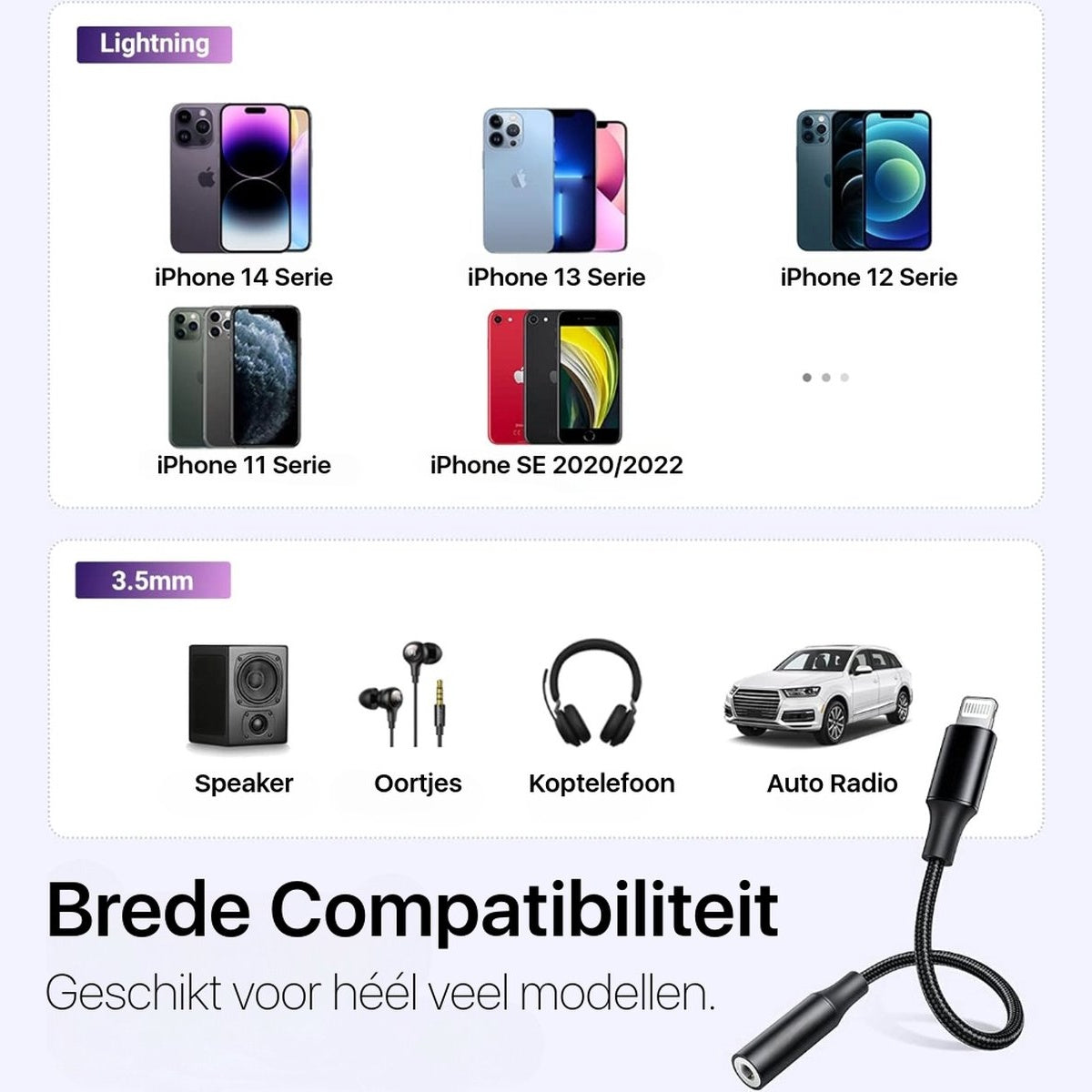 Image shows iPhone models, audio accessories, and a car. Text highlights broad compatibility of the product.
