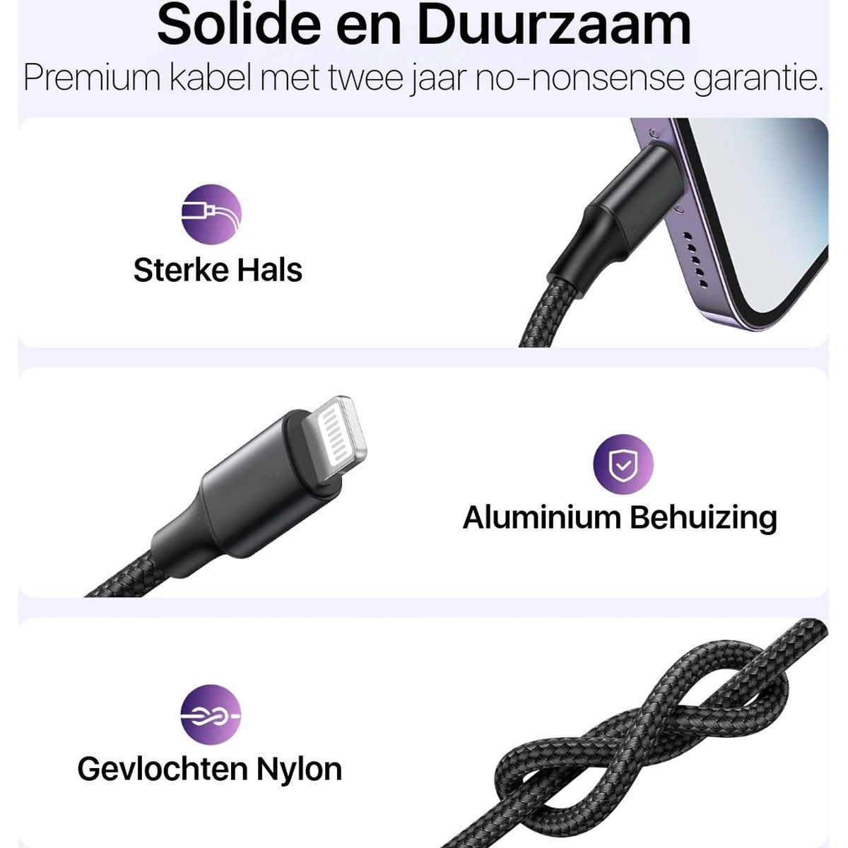 Image shows a black charging cable with text highlighting its features: strong neck, aluminum housing, and braided nylon.