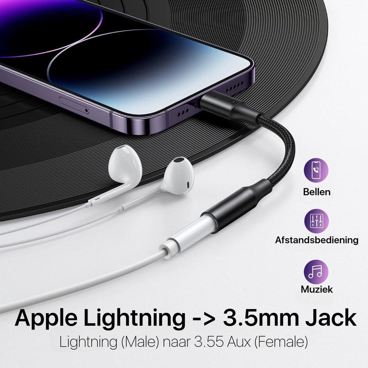 Image shows an iPhone connected to headphones via an adapter. Text indicates it's Apple Lightning to 3.5mm jack. Icons for calling, remote, music.