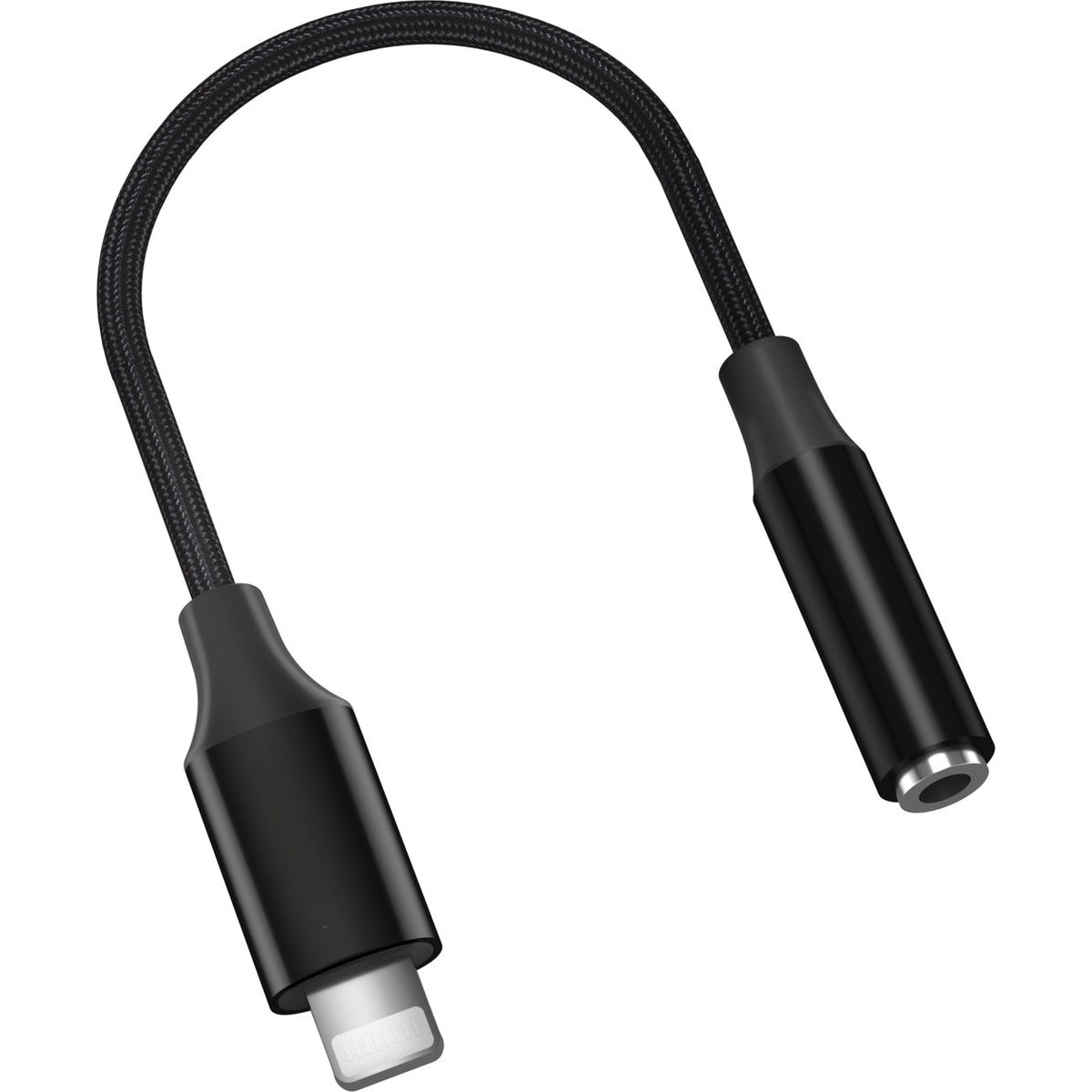A black adapter cable with a lightning connector on one end and a headphone jack on the other, on a white background.