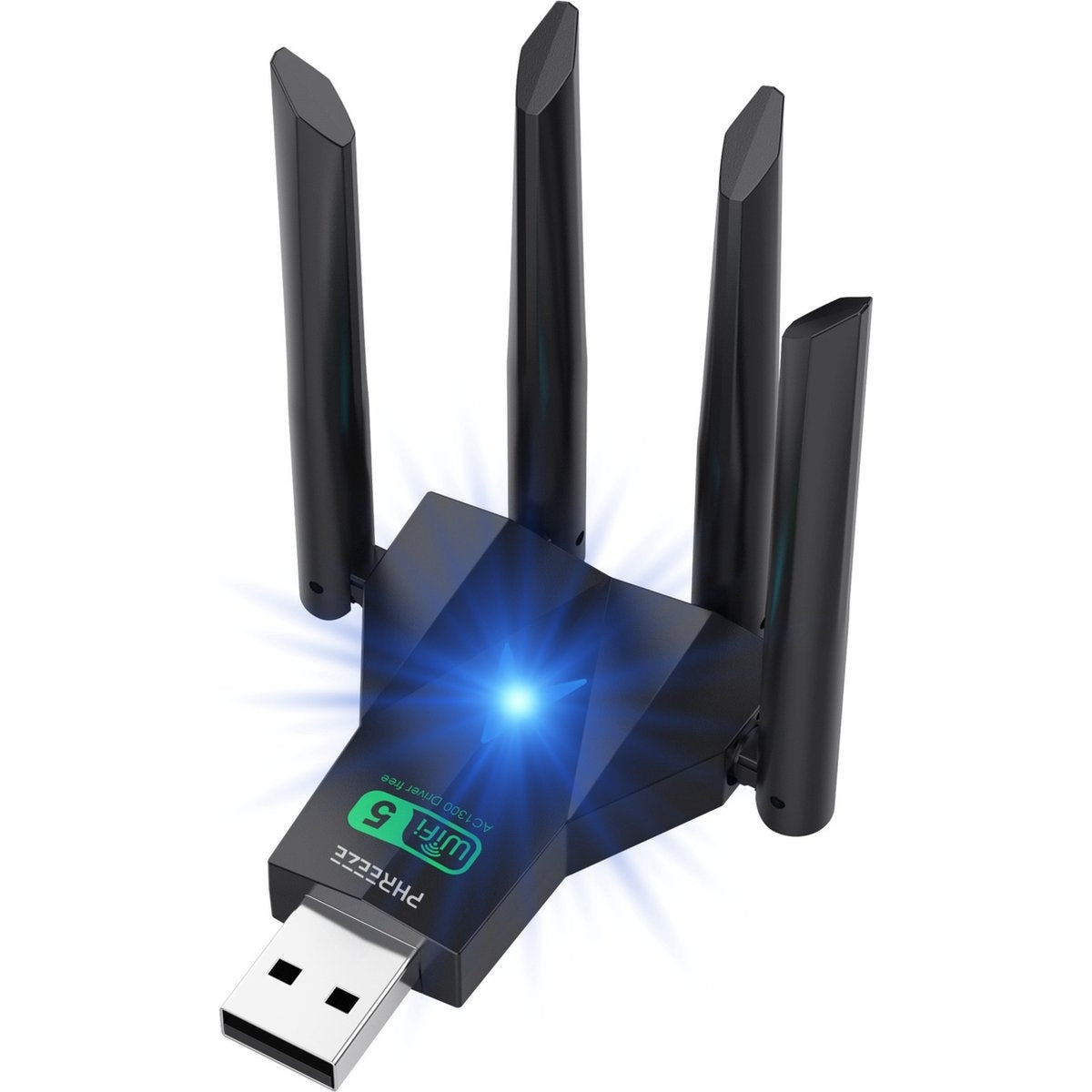 Een zwarte WiFi-adapter met vier antennes. Hij heeft een USB-connector en de merknaam PHREEZE is zichtbaar.