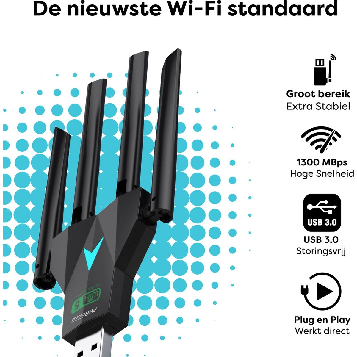 Een zwarte Wi-Fi-adapter met vier antennes tegen een achtergrond van blauwe cirkels. Tekst markeert functies.