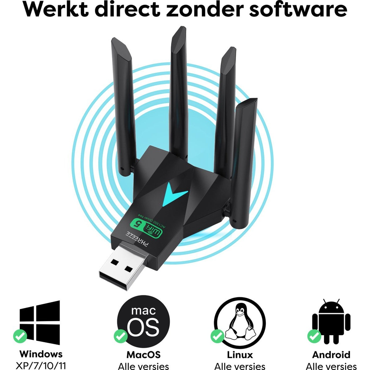 Een zwarte USB WiFi-adapter met vier antennes. Hieronder iconen voor Windows, MacOS, Linux en Android, elk met een groen vinkje.