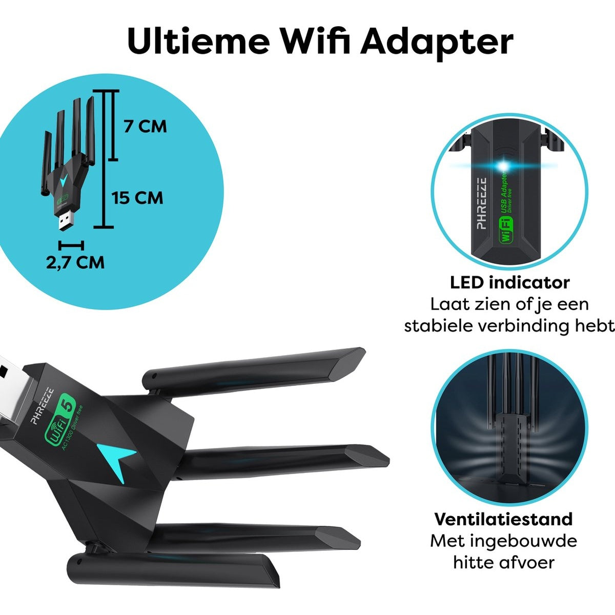 Een zwarte WiFi-adapter met antennes. De afbeelding toont afmetingen en labels zoals 'LED-indicator' en 'Ventilatiestand'.