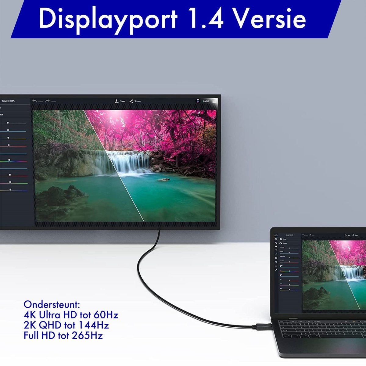 A laptop connected to a monitor via cable. The monitor and laptop display a split image of a waterfall scene. Text on the image.
