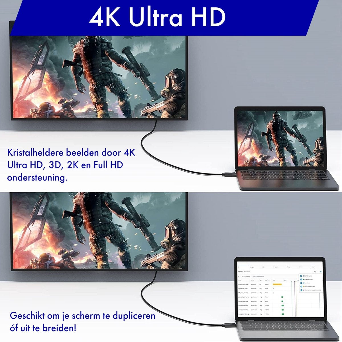 A TV and laptop are connected via a cable, showing a game and spreadsheet. Text: 4K Ultra HD, supports 4K, 3D, 2K and Full HD.