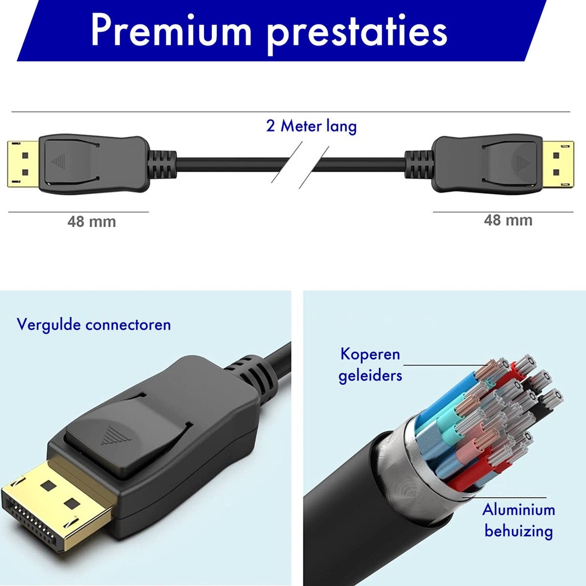 Image shows a black DisplayPort cable with gold connectors, copper conductors, and aluminum housing. Dimensions and labels are included.