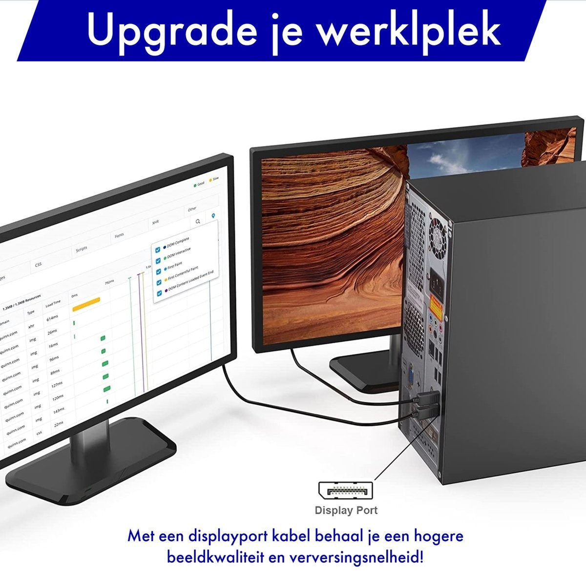 A computer setup with two monitors, a display port cable, and a desktop. Text on the screen and bottom.