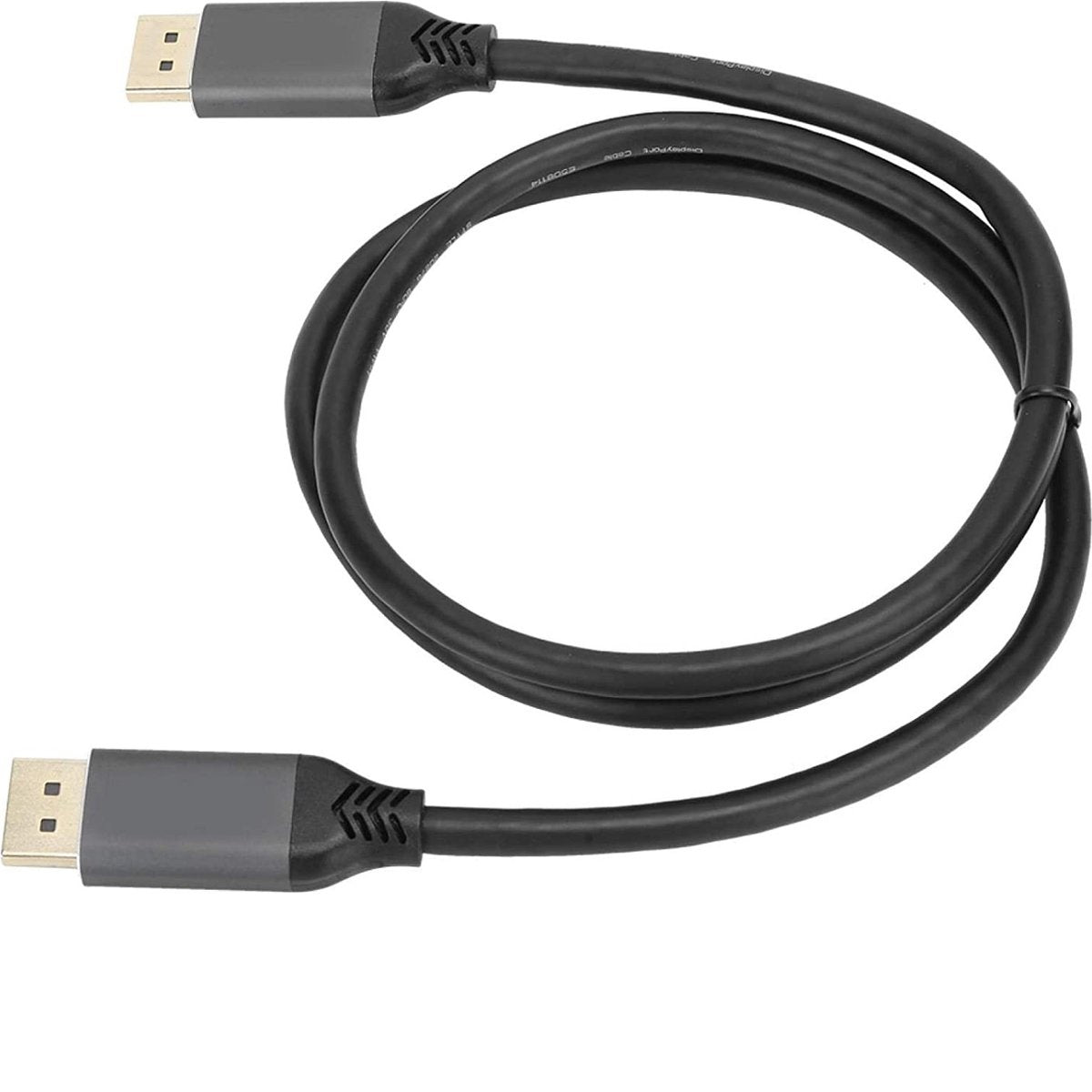 A black USB cable with gray connectors, looped in a figure-eight shape.
