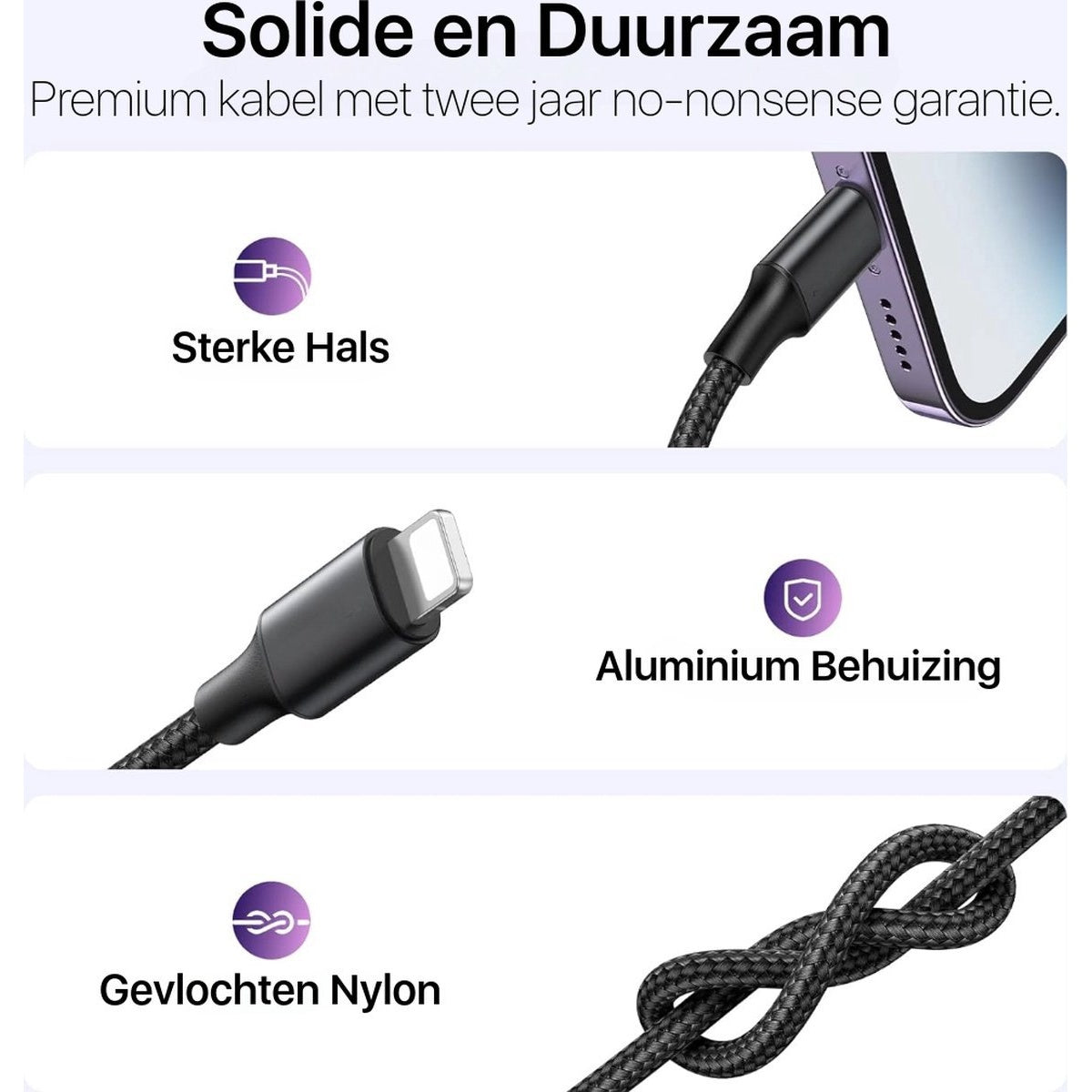 Image shows a durable charging cable. Features include a strong neck, aluminum housing, and braided nylon. Text highlights premium quality.
