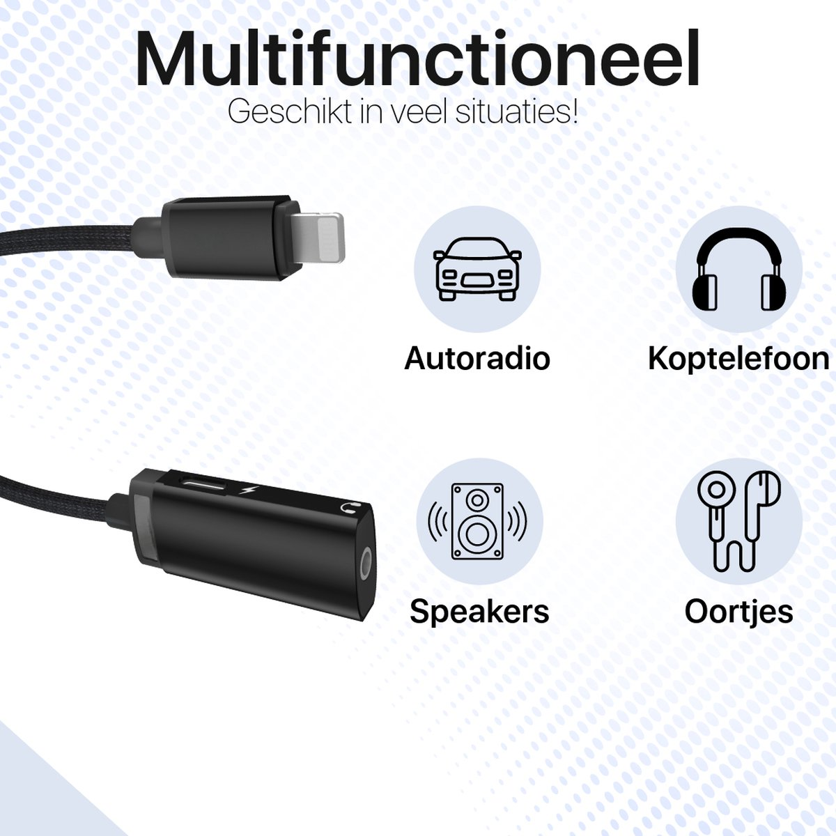 Image shows a black audio adapter cable with icons: car radio, headphones, speakers, and earbuds, suggesting multiple uses.