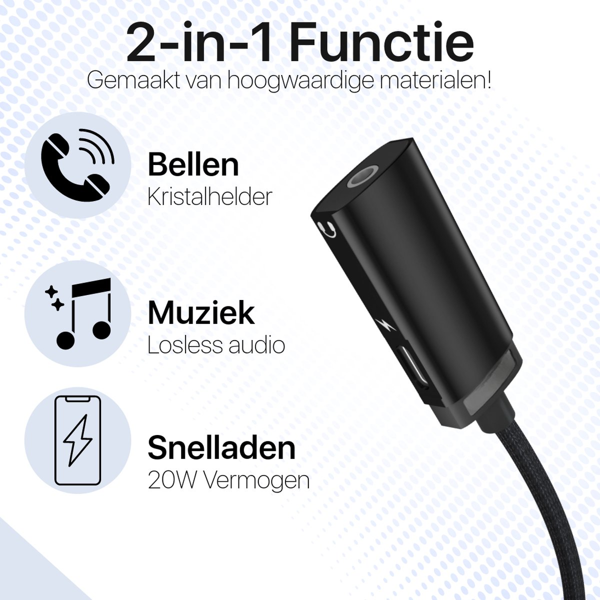 Image shows a black device with text about 2-in-1 function, including calling, music, and fast charging. The background is white with dots.