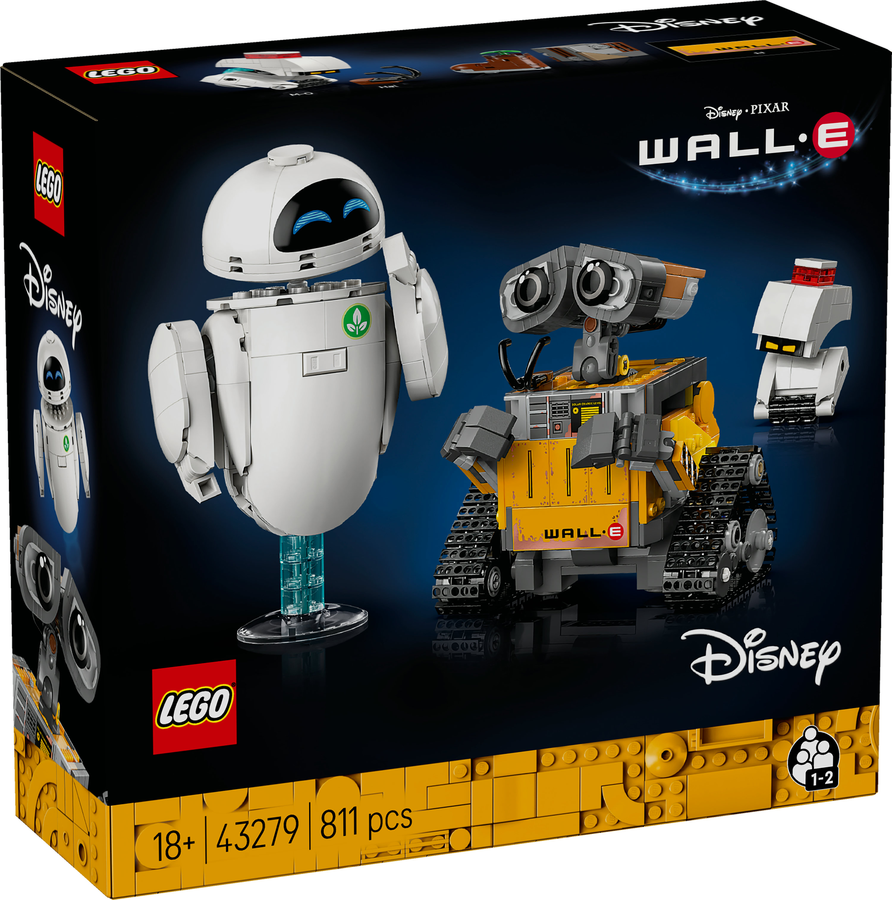 Pudełko zestawu Lego Disney Pixar Wall-E, z robotami Wall-E i Eve. Na pudełku znajdują się logo Lego i Disney.