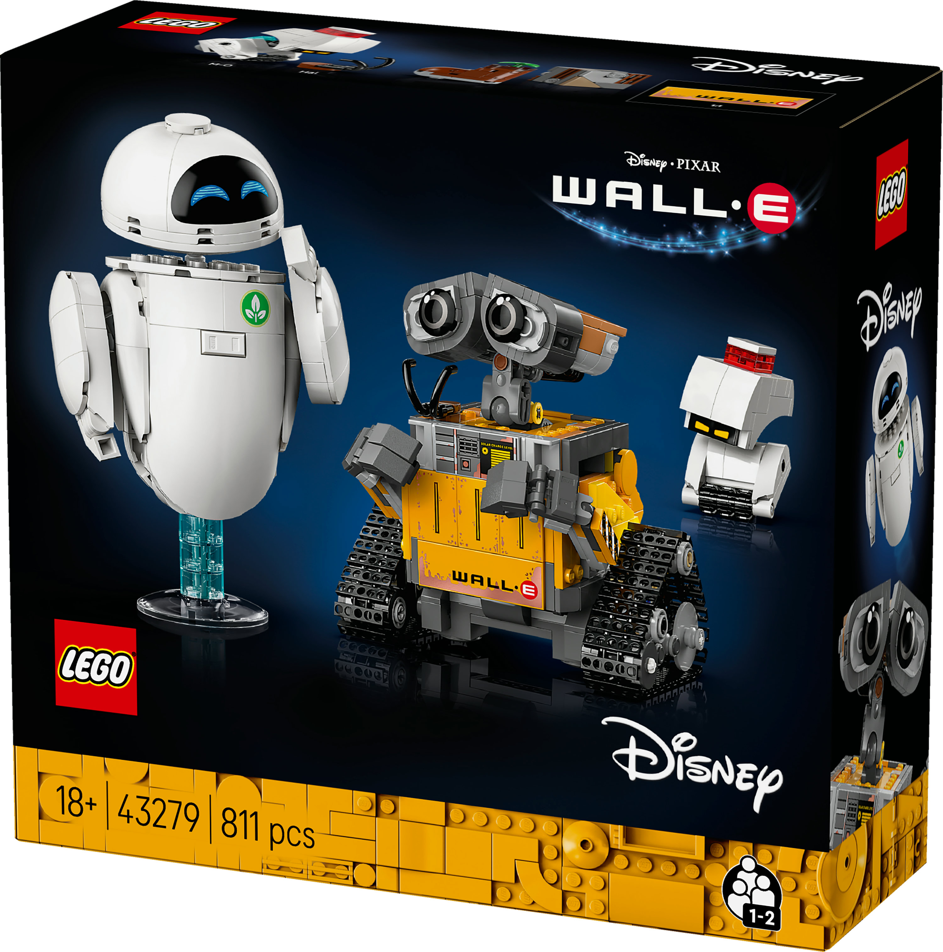 Pudełko Lego Disney Wall-E. Zawiera Wall-E, Ewę i inne figurki robotów. Pudełko jest żółte, czarne i białe.