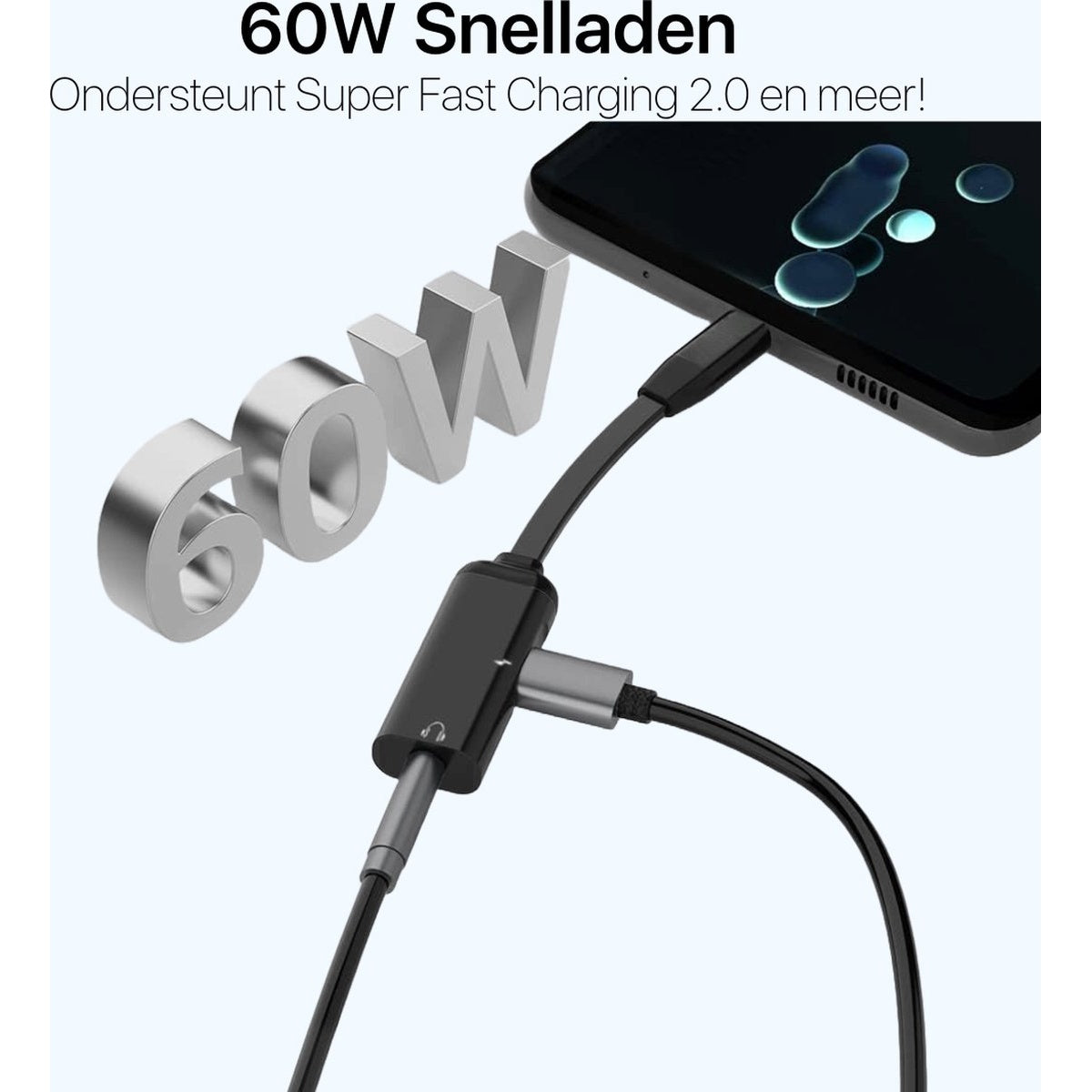 Een telefoon aangesloten op een oplaadadapter met meerdere kabels. De tekst '60W Sneladen' en 'Super Fast Charging 2.0' zijn aanwezig.