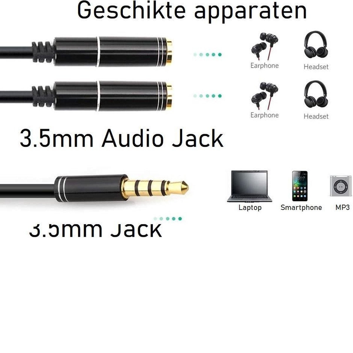 Afbeelding toont audio jacks met koptelefoons, oortelefoons, een laptop, een smartphone en een MP3-speler, met tekst in het Nederlands.