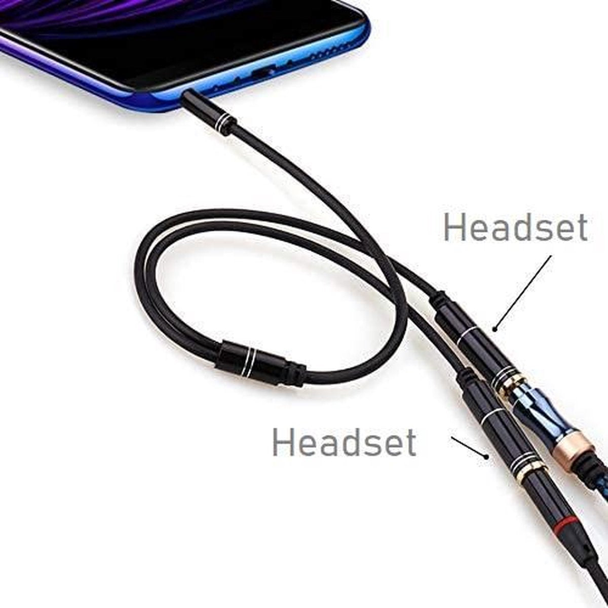 Een telefoon met een zwarte headsetkabel aangesloten. Twee headsetaansluitingen zijn zichtbaar. Labels wijzen naar de aansluitingen en zeggen 'Headset'.