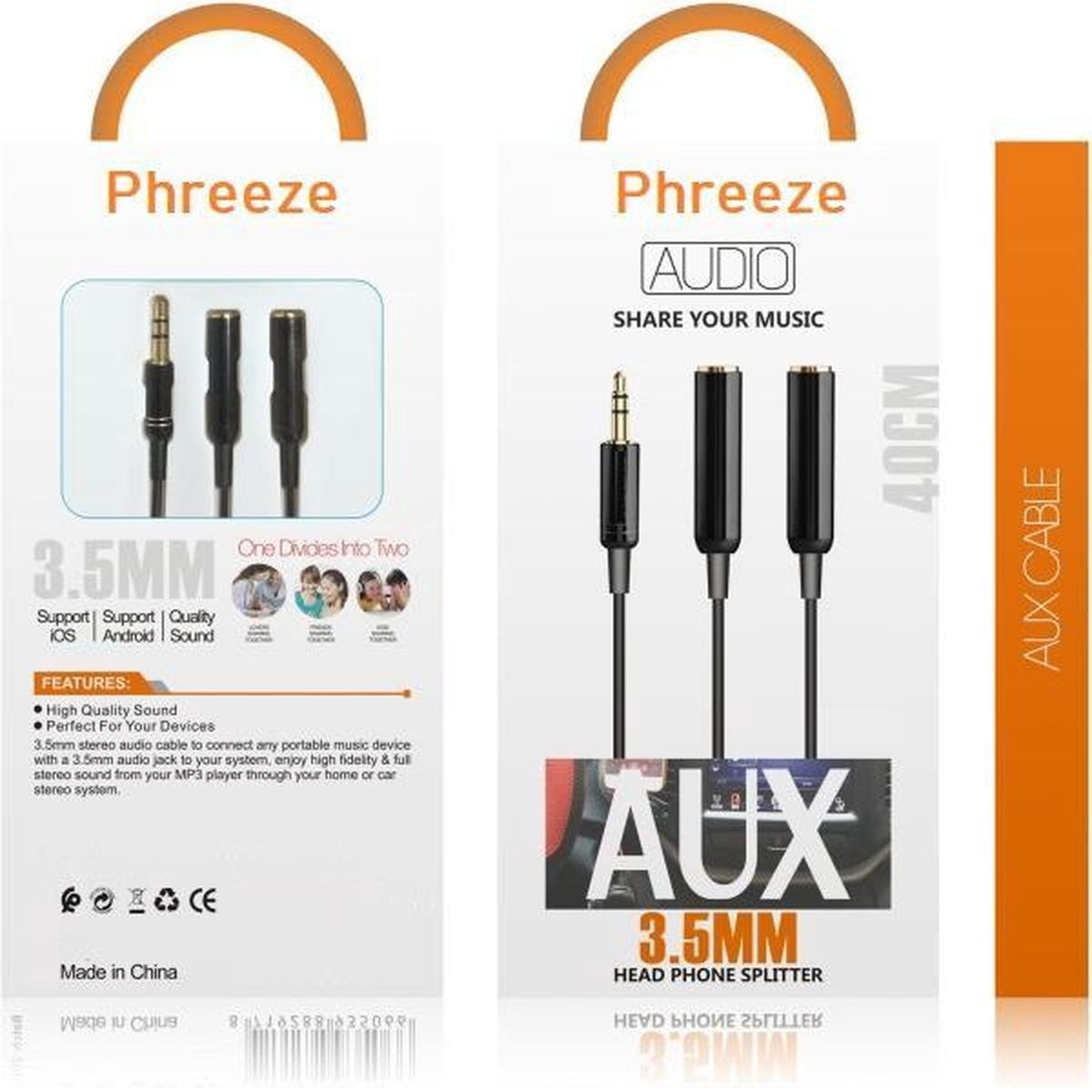 Productverpakking voor een 3,5 mm koptelefoonsplitter, zwarte kabel, oranje accenten en productdetails.