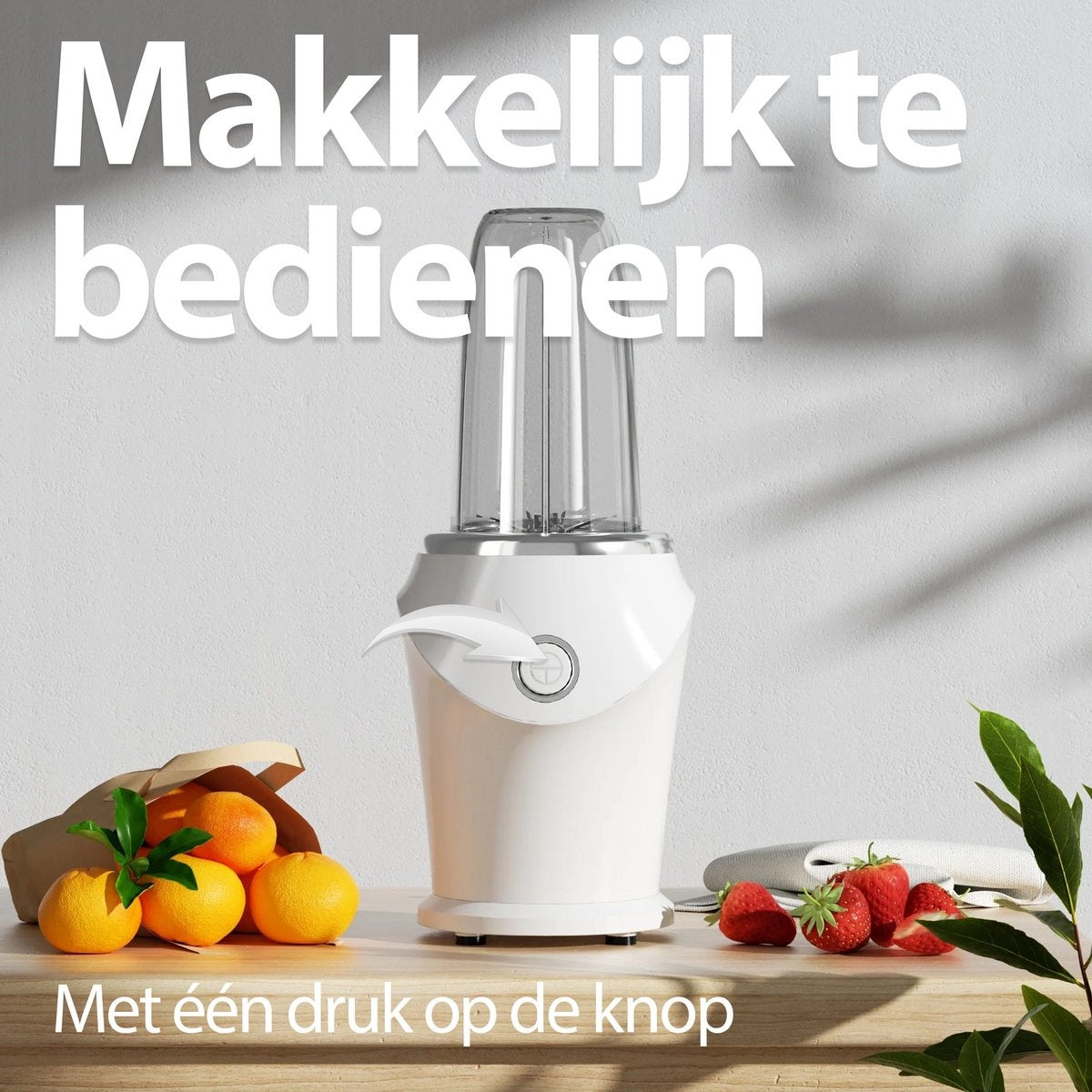 A white blender with a transparent container. Oranges in a paper bag and strawberries are next to it. The text says: easy to use.