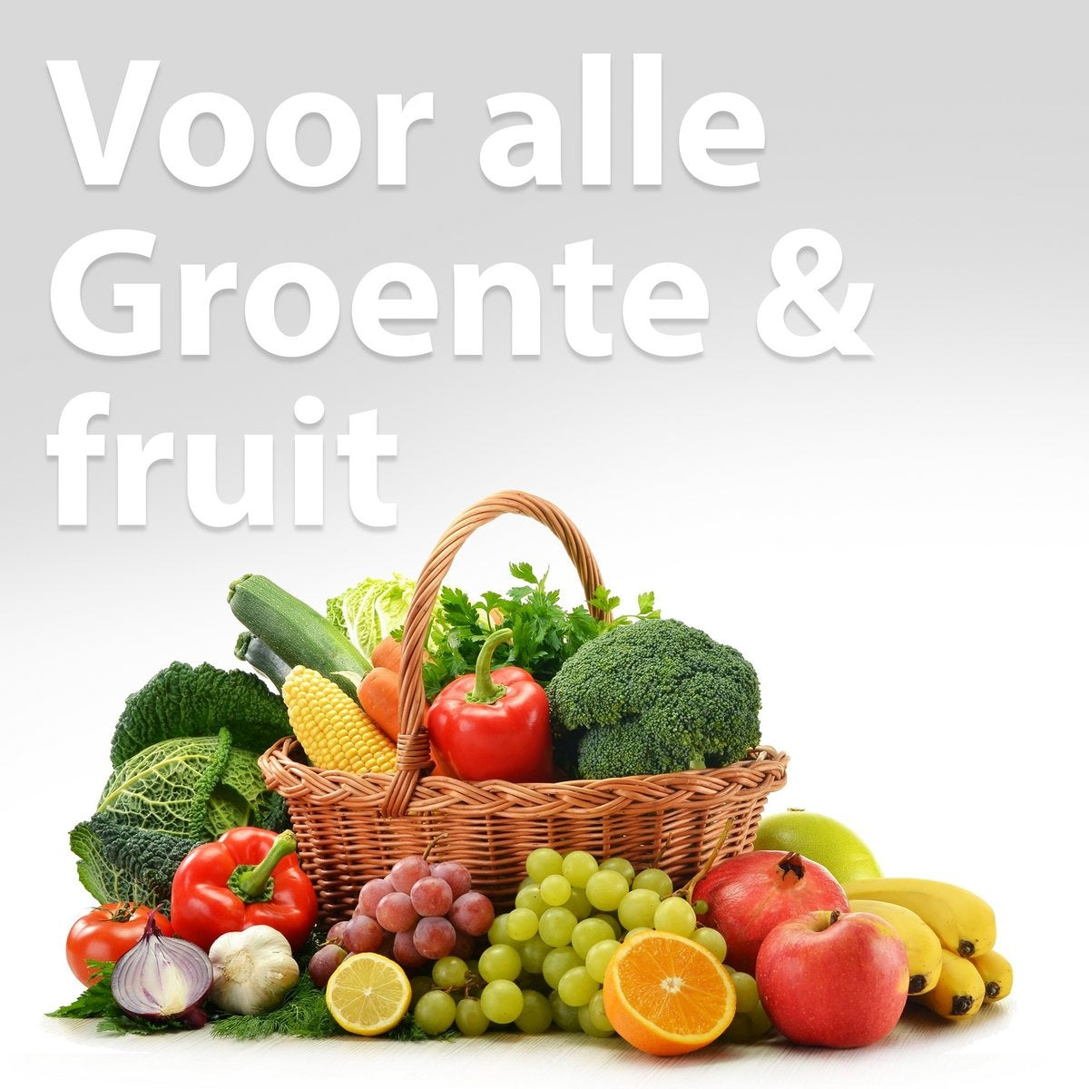 A wicker basket overflowing with various fruits and vegetables, including apples, grapes, broccoli, and peppers, on white background.