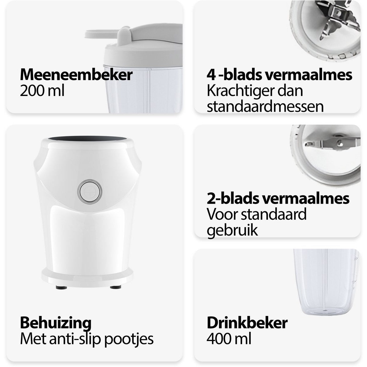 Image shows parts of a blender: Meeneembeker 200ml, 4-blades, 2-blades, behuizing with anti-slip and a 400ml drinkbeker.