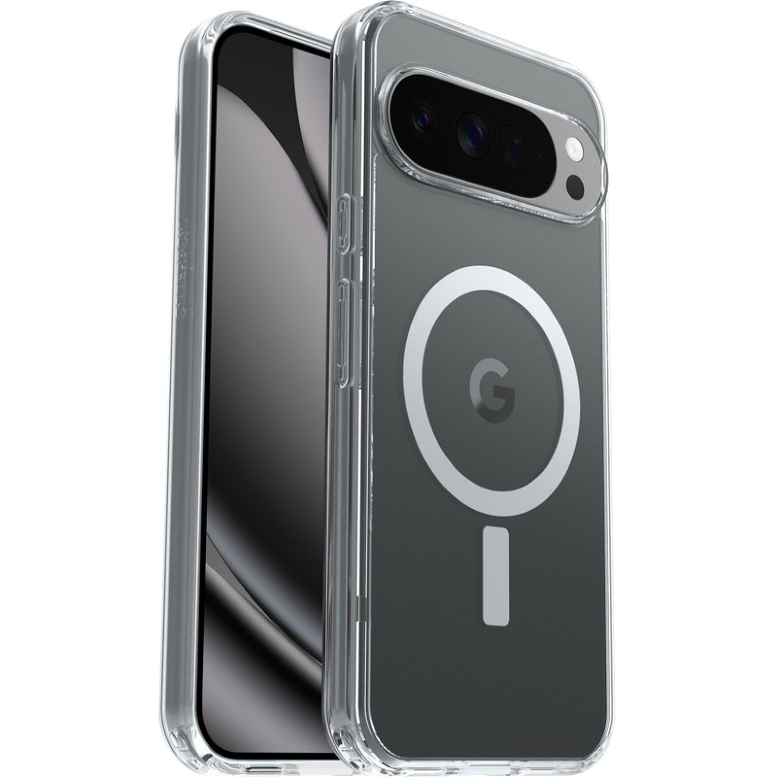 Une coque de téléphone transparente avec un logo Google et un téléphone noir à l'intérieur. La coque est transparente.