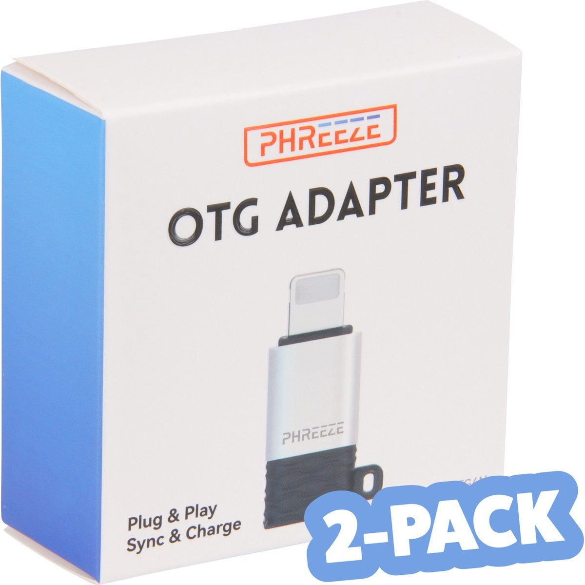 Witte doos met blauwe zijkant. OTG-adapter wordt getoond. Er staat 'PHREEZE OTG ADAPTER' en '2-PACK'.