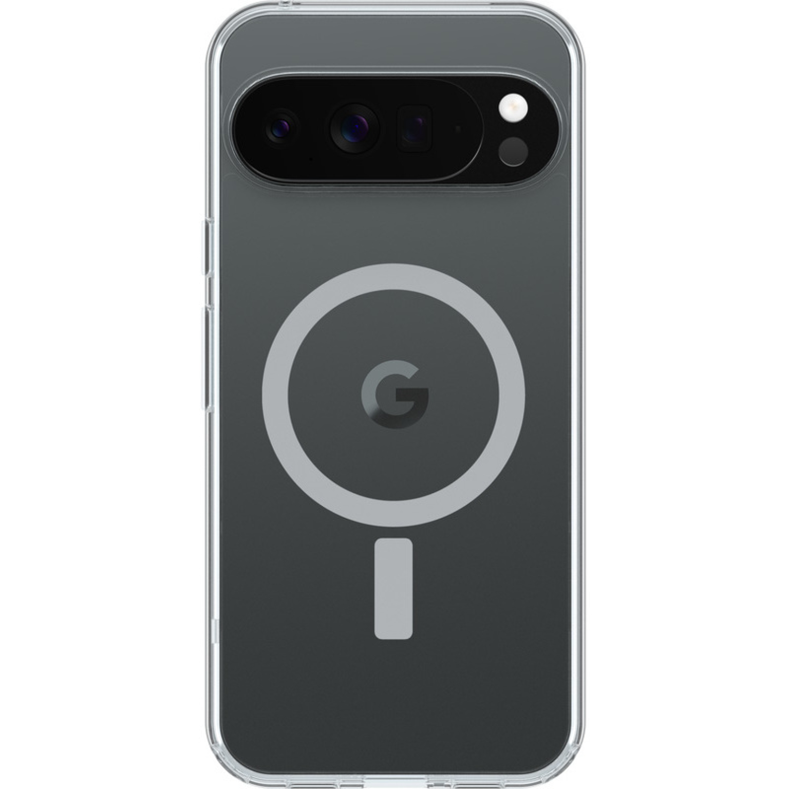 Une coque de téléphone transparente avec un intérieur noir. Elle a un design MagSafe circulaire avec le logo 'G' de Google. Le téléphone a une barre de caméra.