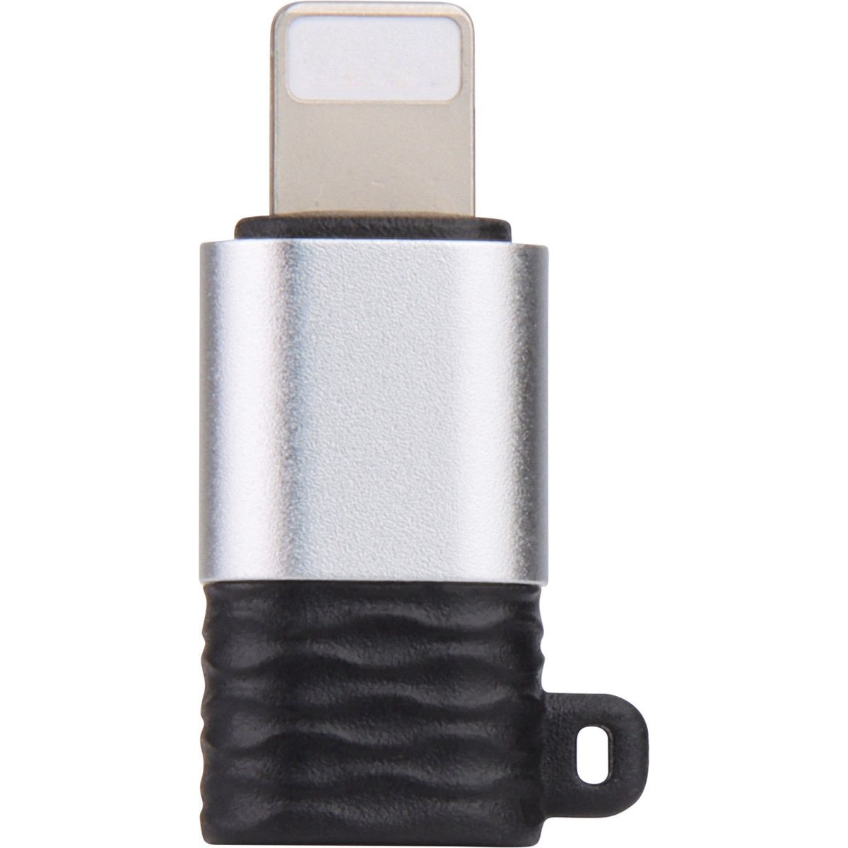 Een zilveren en zwarte iPhone-adapter. Het heeft een Lightning-connector aan de bovenkant, een zilveren cilindrische behuizing en een getextureerde zwarte basis met een lus.