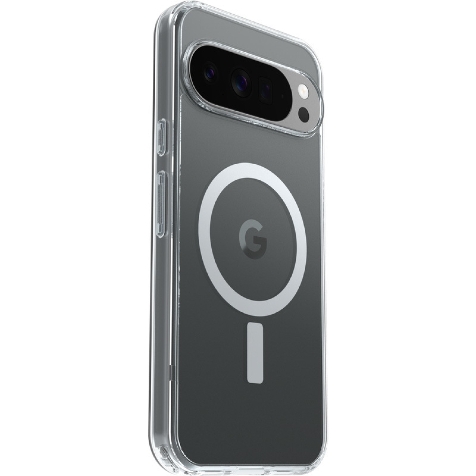 Une coque de téléphone transparente sur un téléphone noir. La coque a un cercle blanc avec un 'G' et une barre verticale blanche.