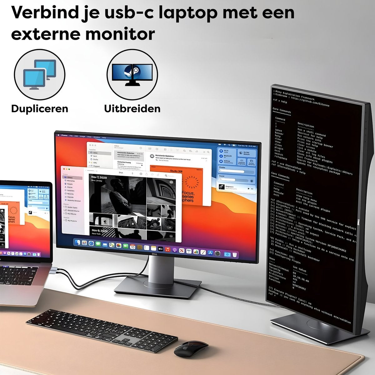 Laptop connected to external monitor, with keyboard and mouse on a light-brown desk.