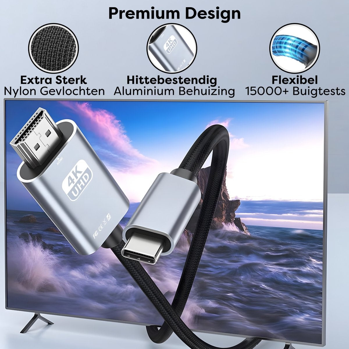 Silver HDMI to USB-C cable, black braided cable, on a TV screen showing ocean waves. Text: Premium Design, 4K UHD.