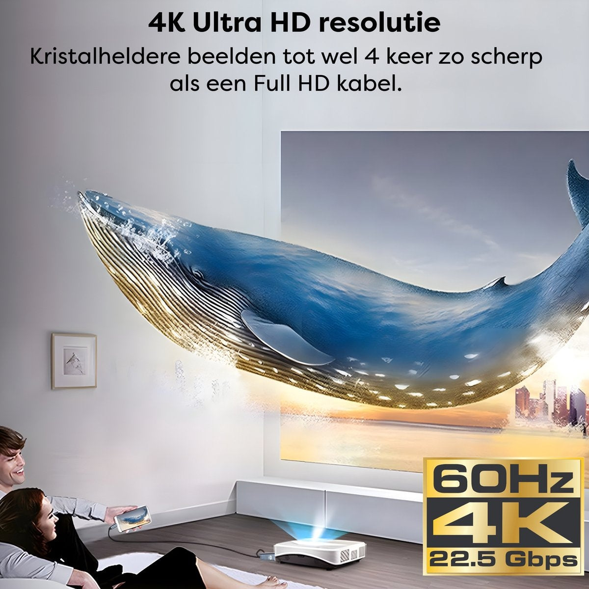 A couple watches a whale projected on a wall. A projector is on the floor. Text says 4K Ultra HD resolution and 60Hz 4K.