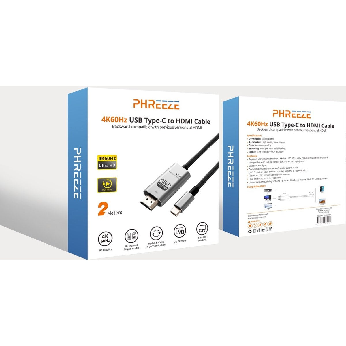 A product box with a USB-C to HDMI cable. Features include 4K Ultra HD, and a cable with plugs.