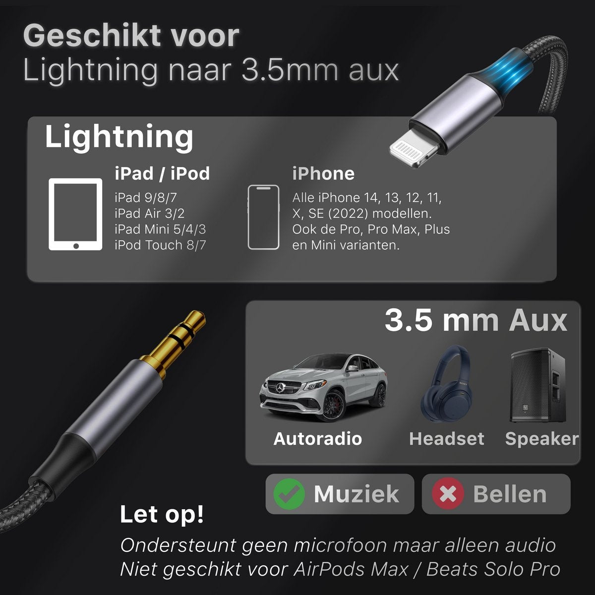 Afbeelding met een aux-kabel die compatibel is met iPhone/iPad. Bevat auto-, koptelefoon- en luidsprekericonen. Tekst geeft alleen muziekondersteuning aan.